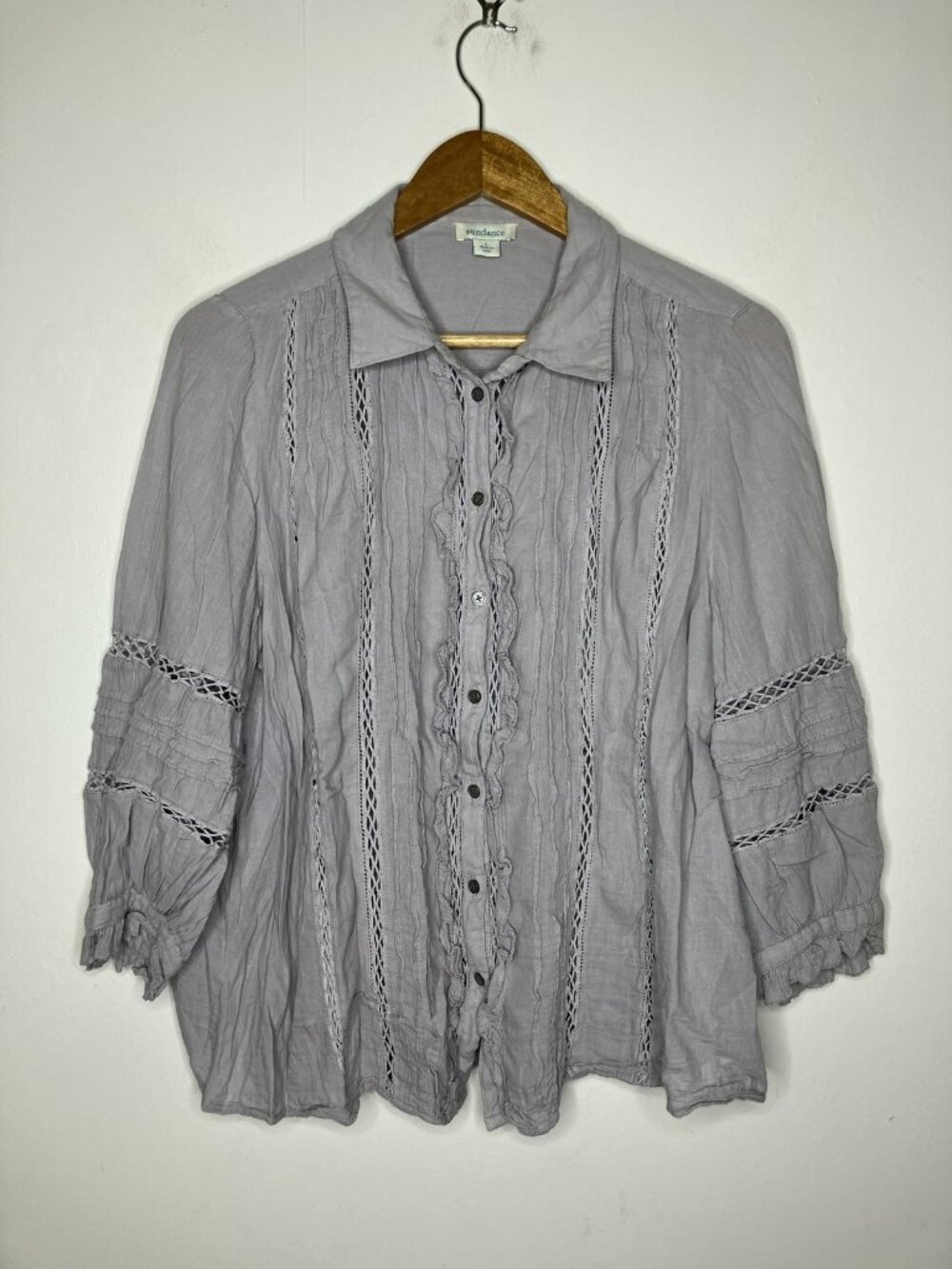 Sundance Women's Lavender Cotton Pintuck Ruffle Button-Front Top Blouse Large